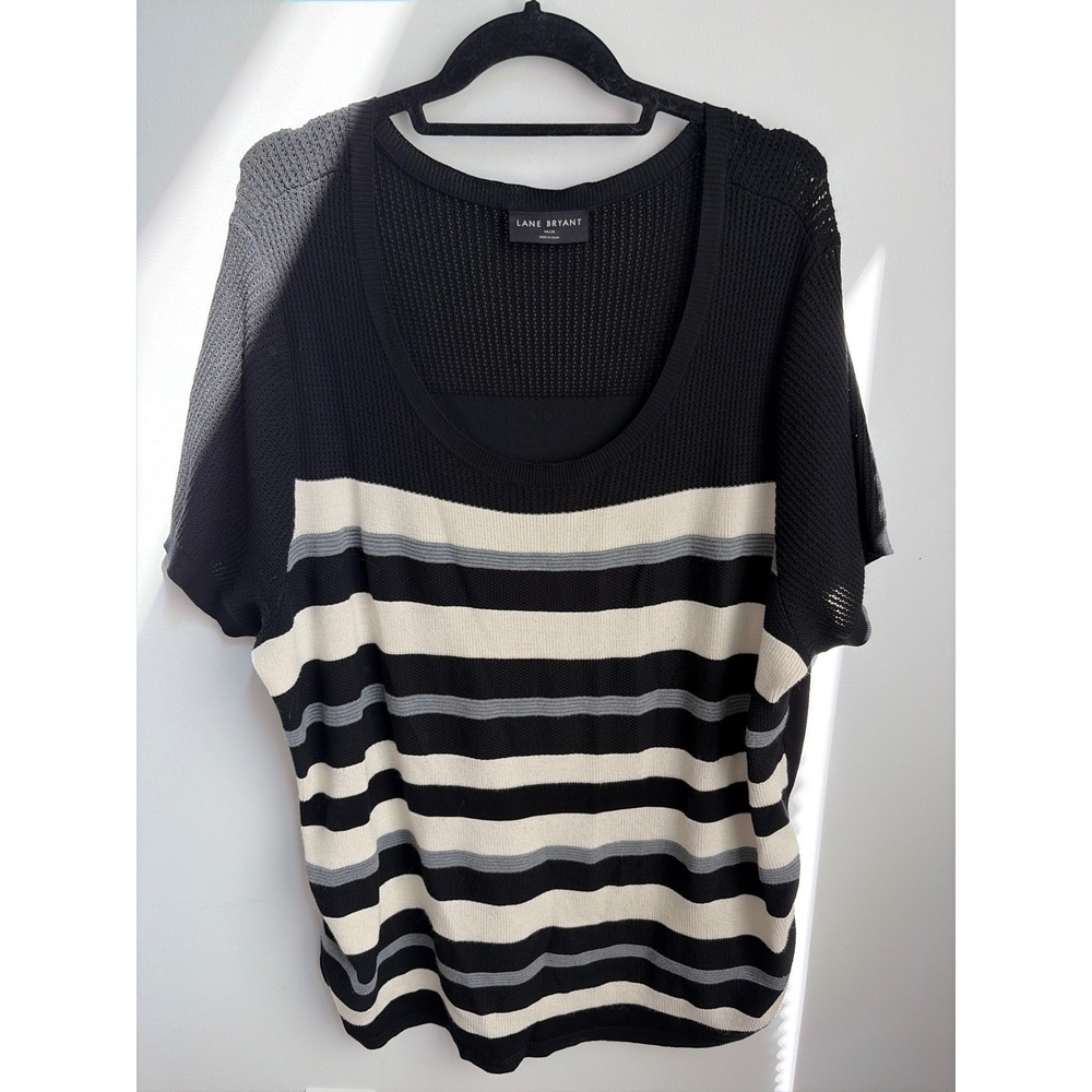 Lane Bryant Striped Knit Top 26/28 Preppy Black White Ruched Side Pointelle Yoke